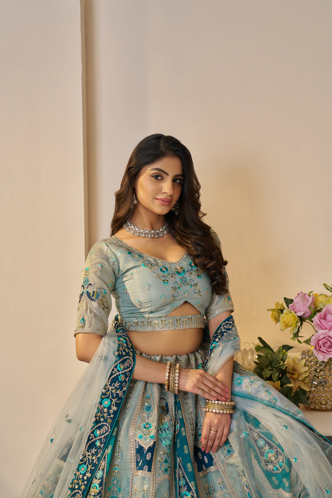Sky blue Banarasi silk lehenga for ethnic charm