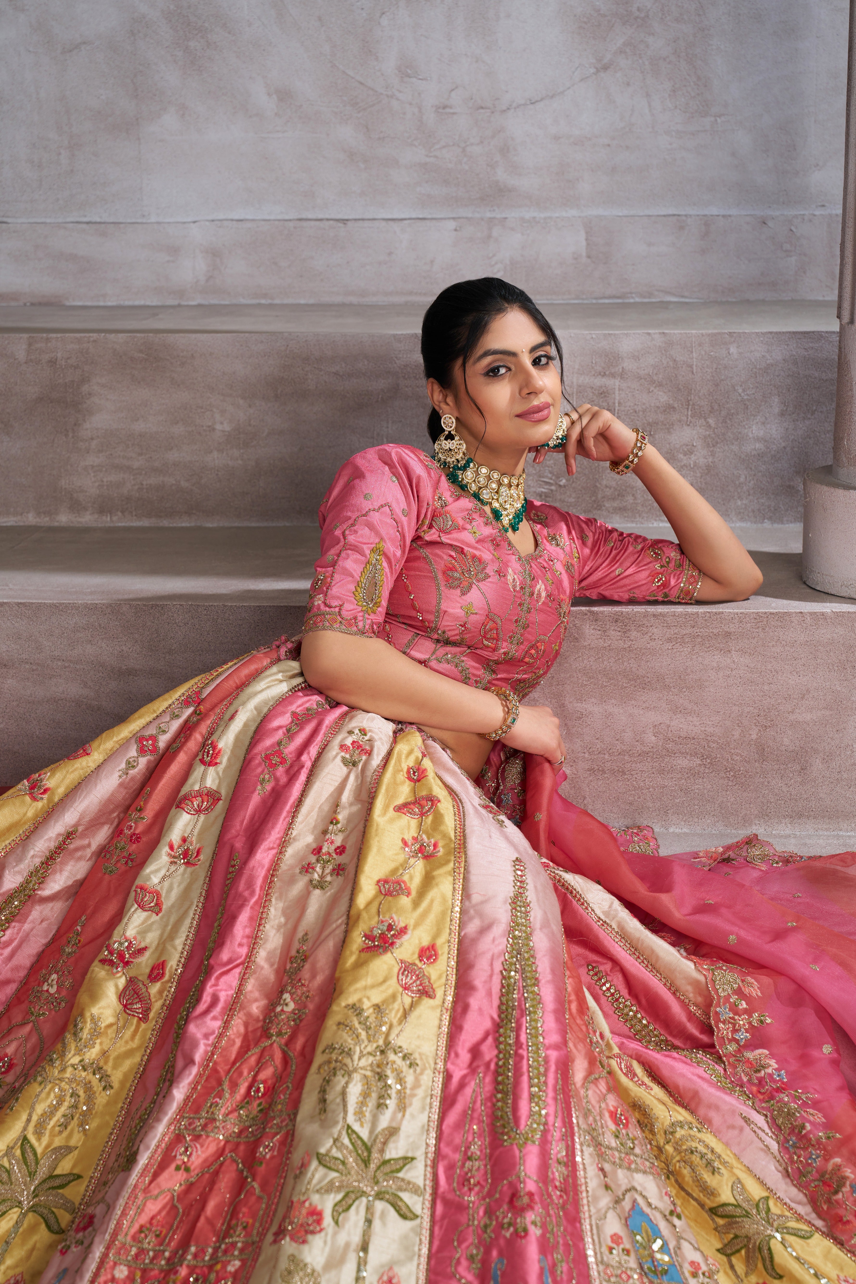 Pink Banarasi silk lehenga with organza dupatta for festive fusion