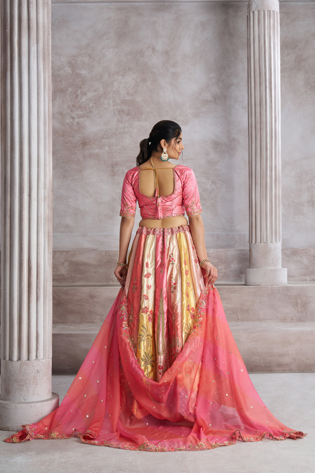 Pink Banarasi silk lehenga with organza dupatta for festive fusion