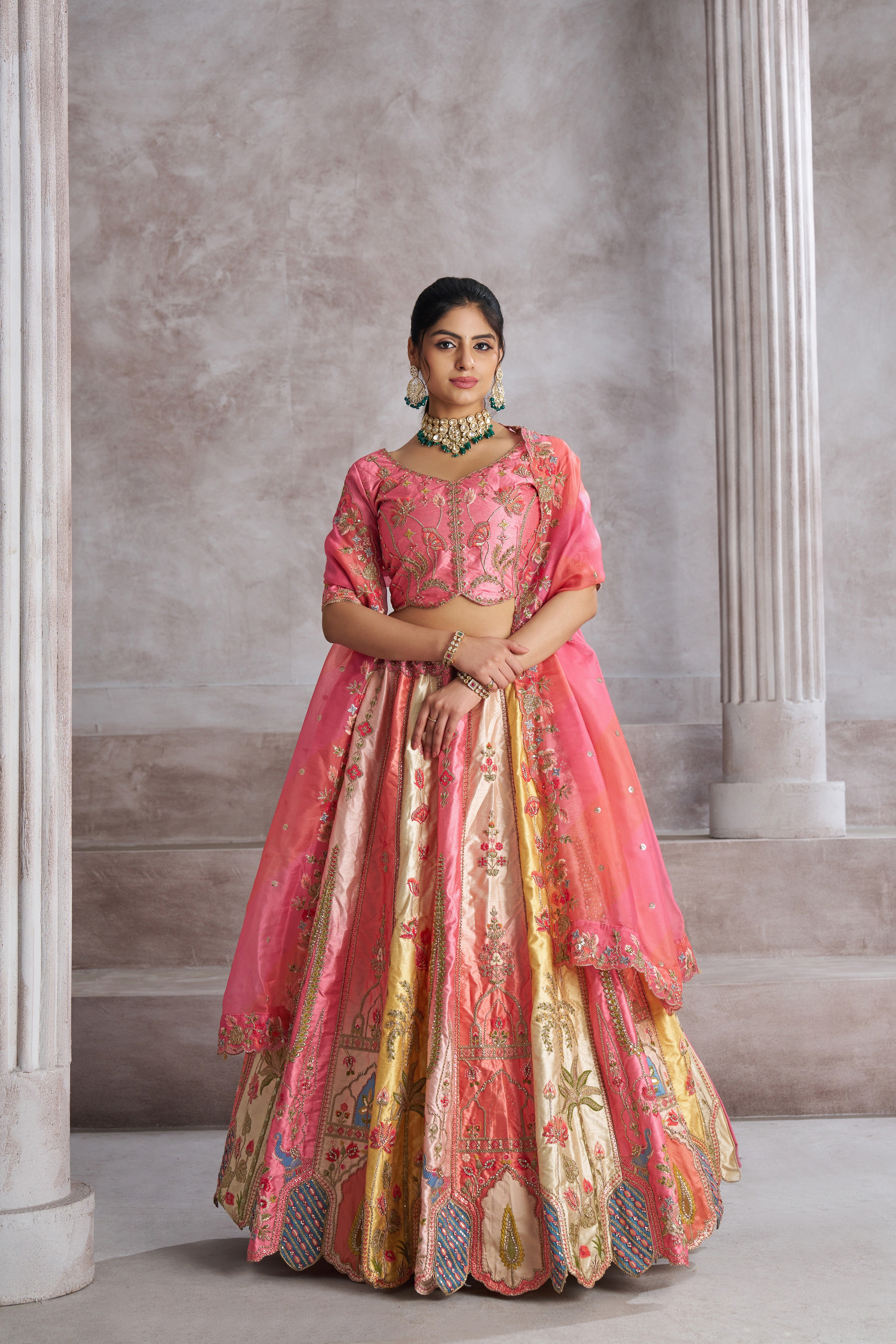 Pink Banarasi silk lehenga with organza dupatta for festive fusion