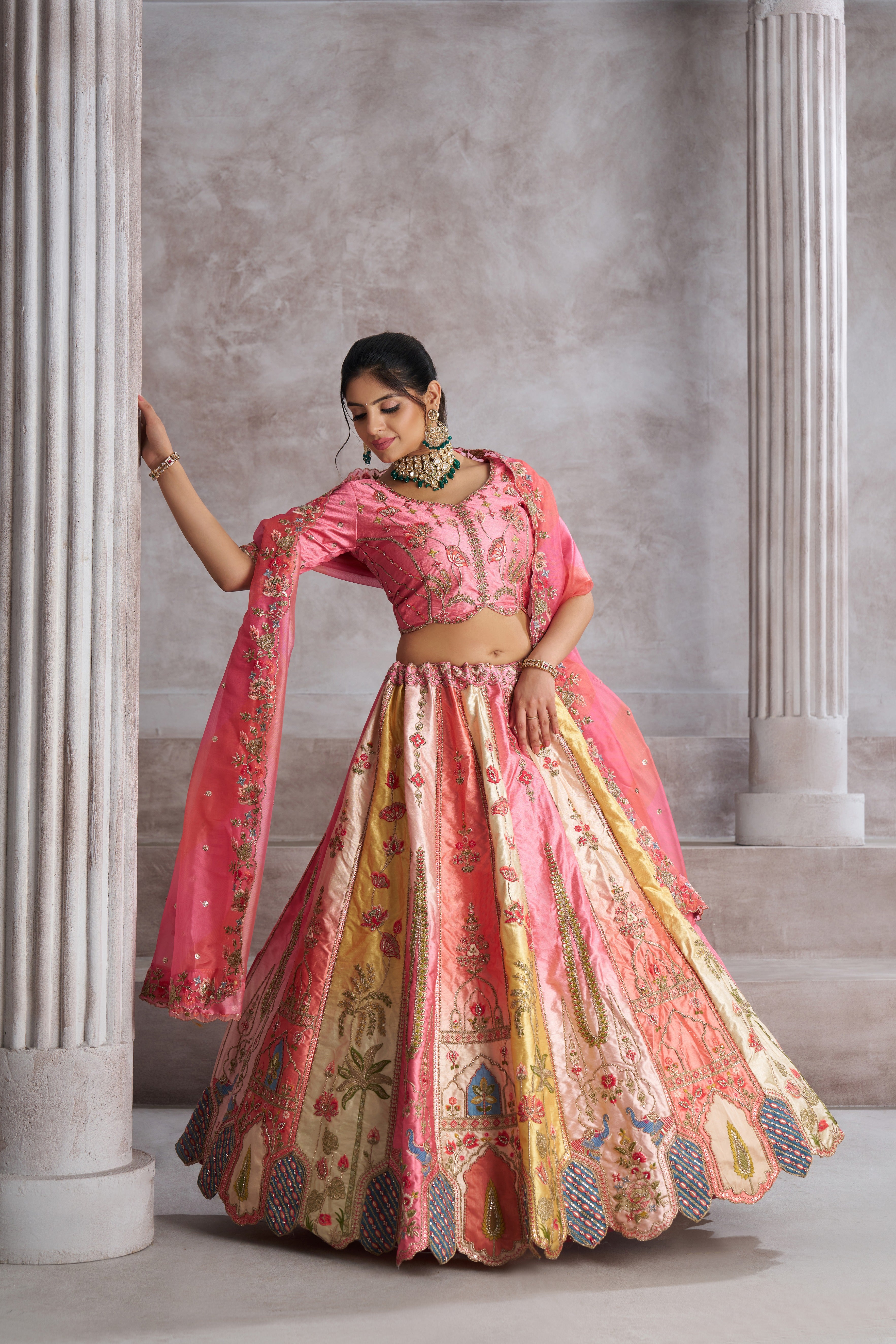 Pink Banarasi silk lehenga with organza dupatta for festive fusion