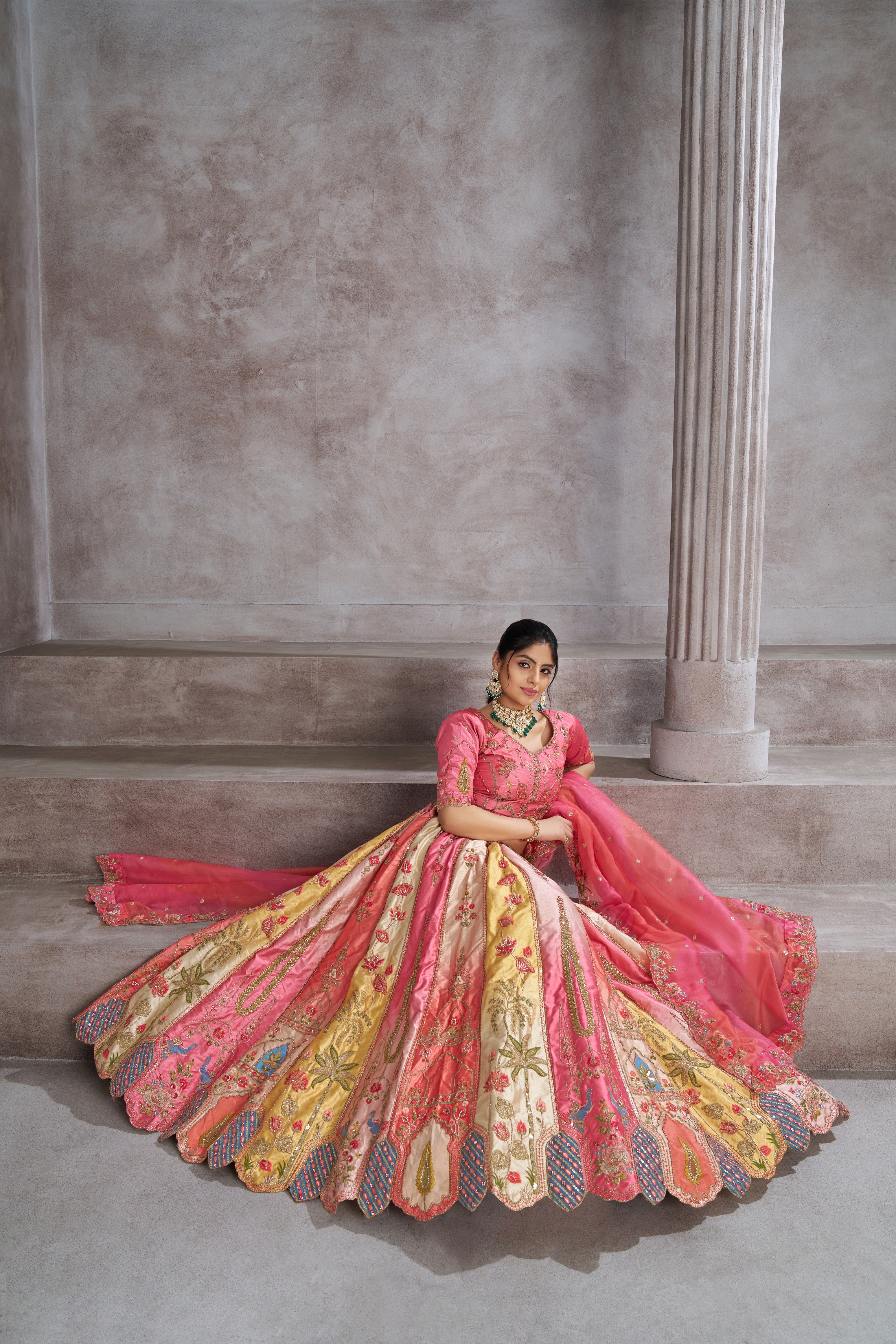 Pink Banarasi silk lehenga with organza dupatta for festive fusion