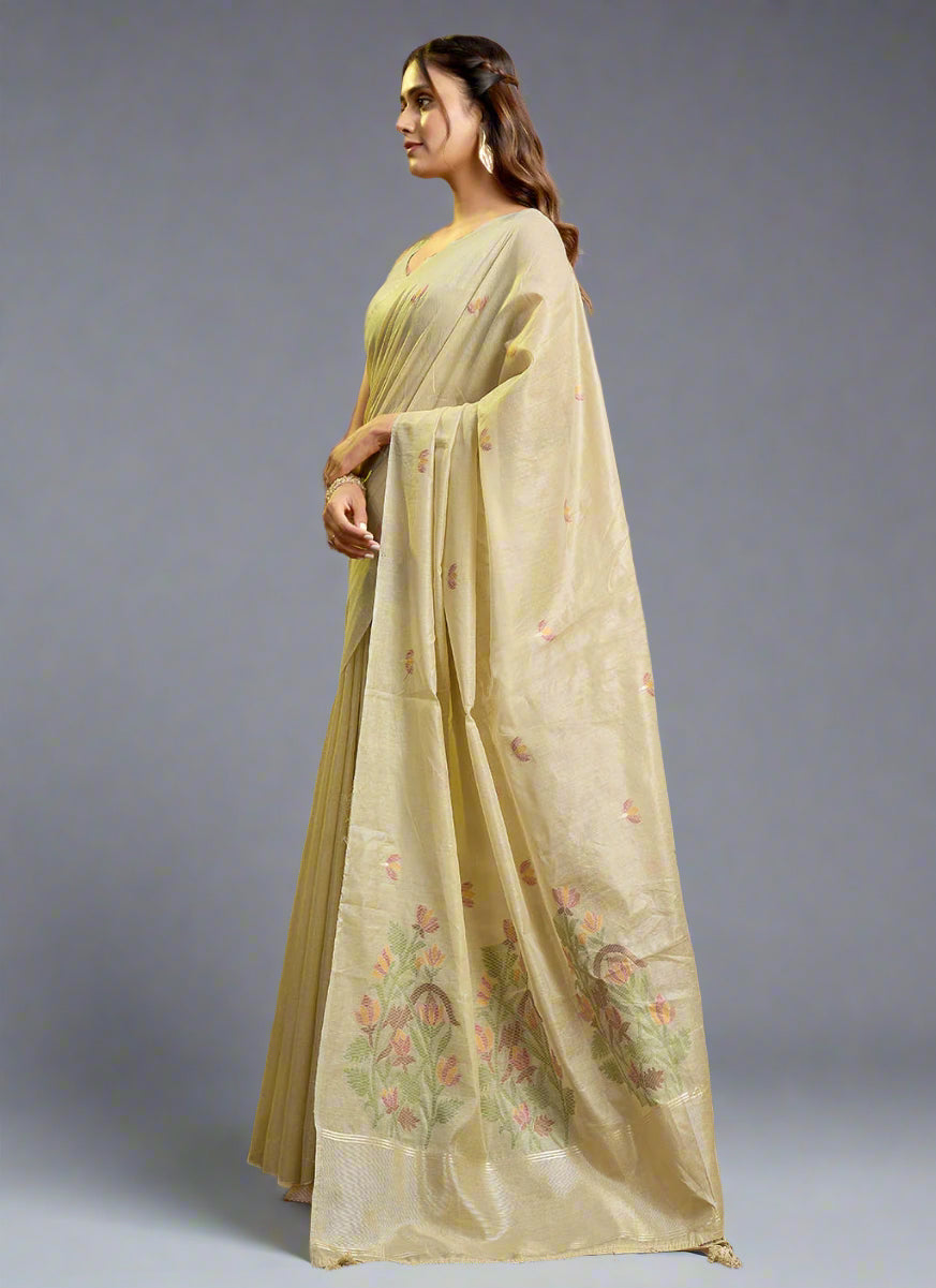 Cream Pure Cotton Jamdani Saree with Allover Leaf Butti & Floral Weaving