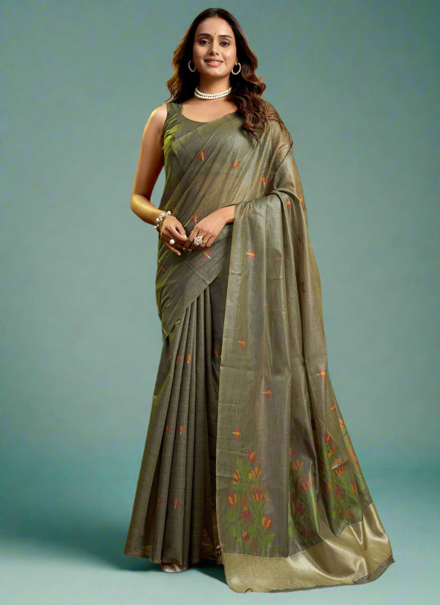 Green Pure Cotton Jamdani Saree with Allover Leaf Butti & Floral Weaving