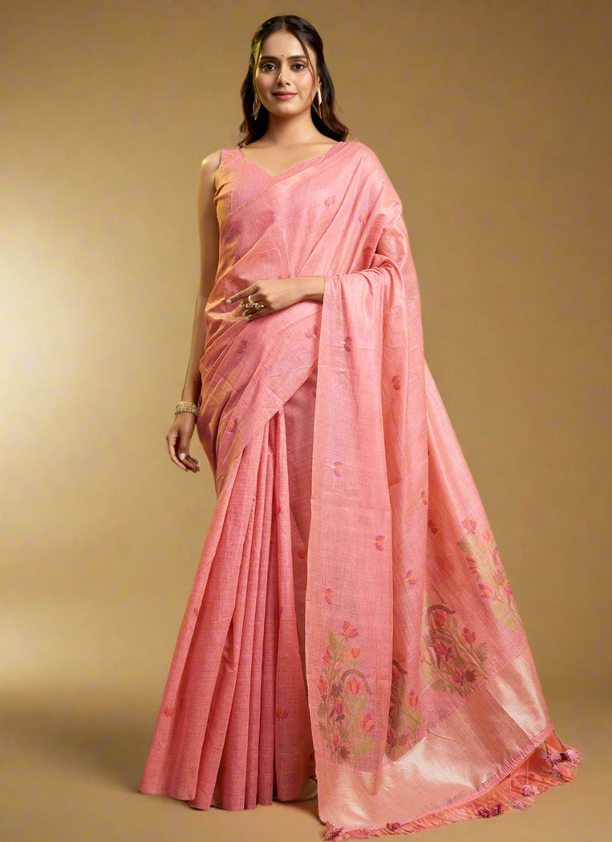 Pink Pure Cotton Jamdani Saree with Allover Leaf Butti & Floral Weaving
