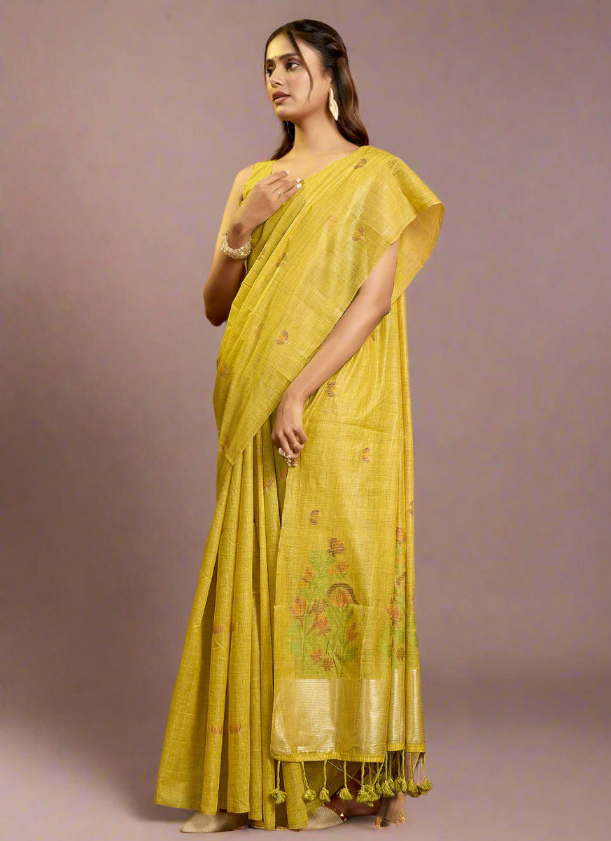 Yellow Pure Cotton Jamdani Saree with Allover Leaf Butti & Floral Weaving