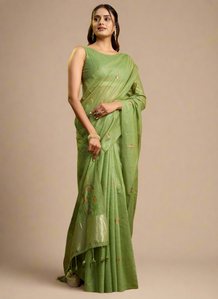 Pista Green Pure Cotton Jamdani Saree with Allover Leaf Butti & Floral Weaving