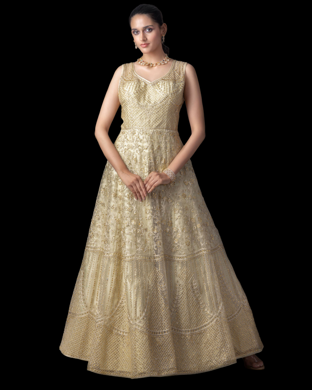 Ivory Gold Butterfly Net Gown with Embellished Layers