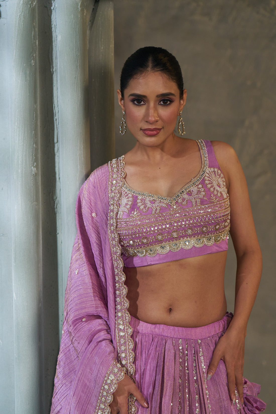 Pure Purple Viscose Banarasi Tissue Lehenga Choli with Four-Side Embroidered Dupatta