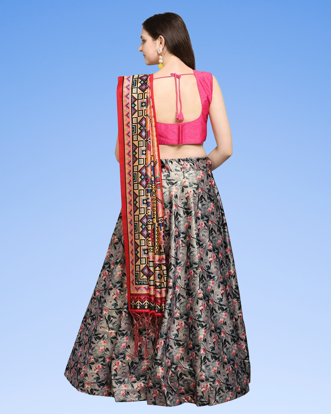 Grey Satin Silk Anarkali Lehenga Choli with Digital Print & Shiny Silk Dupatta