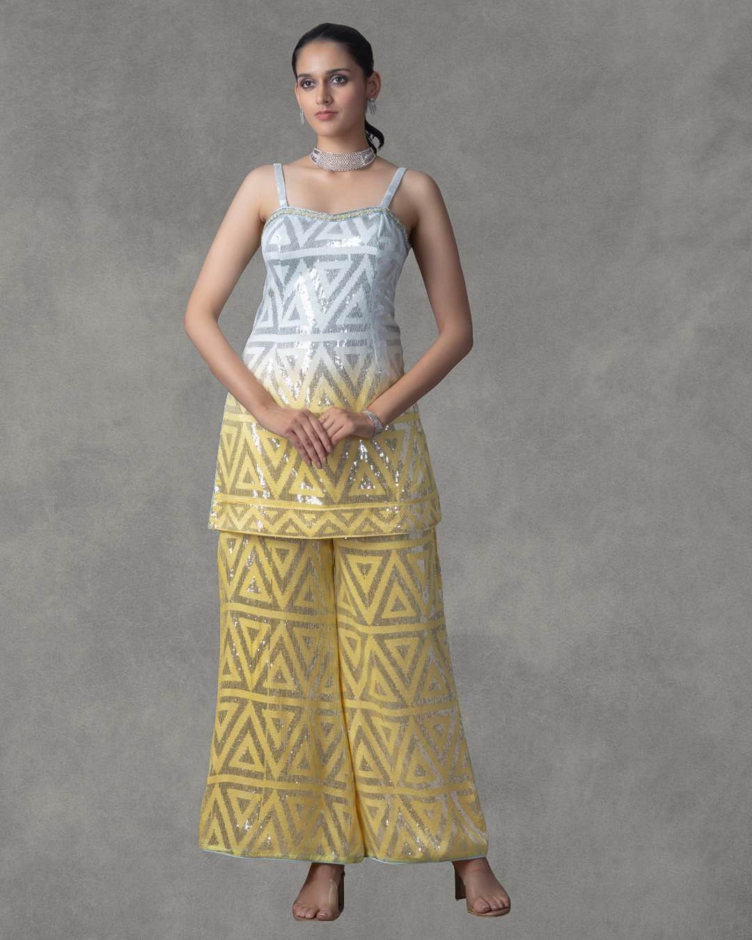 Lemon and Blue Silk Palazzo Top Set with Sequins Work