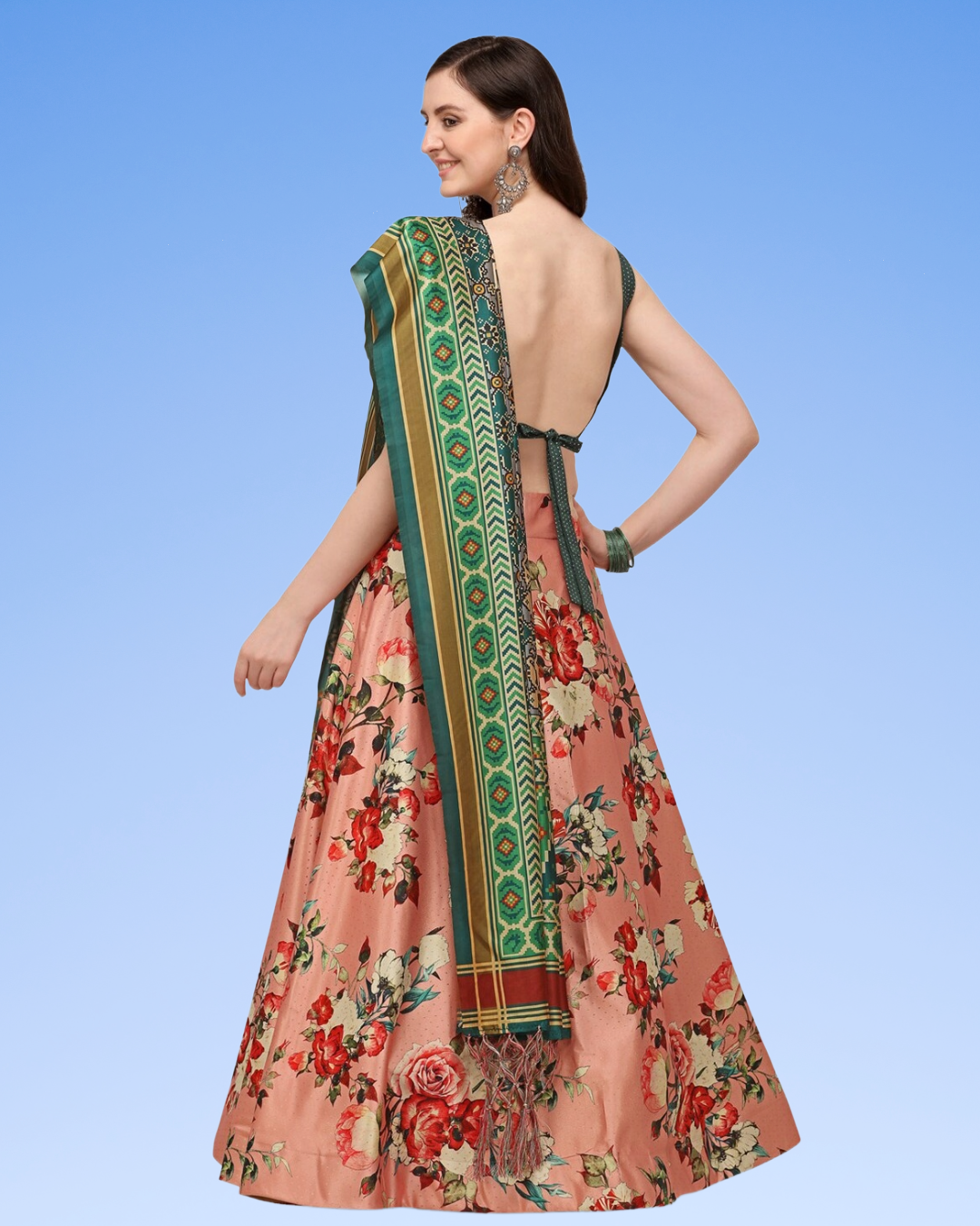 Peach Satin Silk Anarkali Lehenga with Traditional Digital Motifs