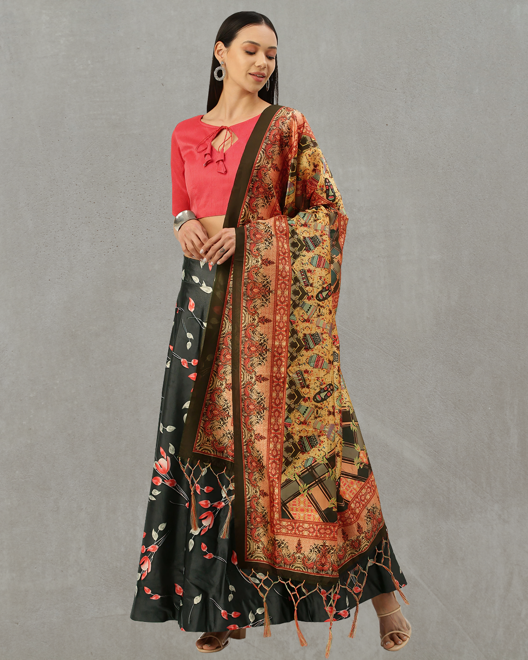 Green Satin Silk Lehenga Choli with Digital Print & Soft Shiny Silk Dupatta