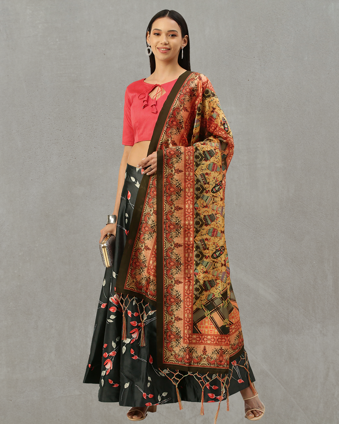 Green Satin Silk Lehenga Choli with Digital Print & Soft Shiny Silk Dupatta