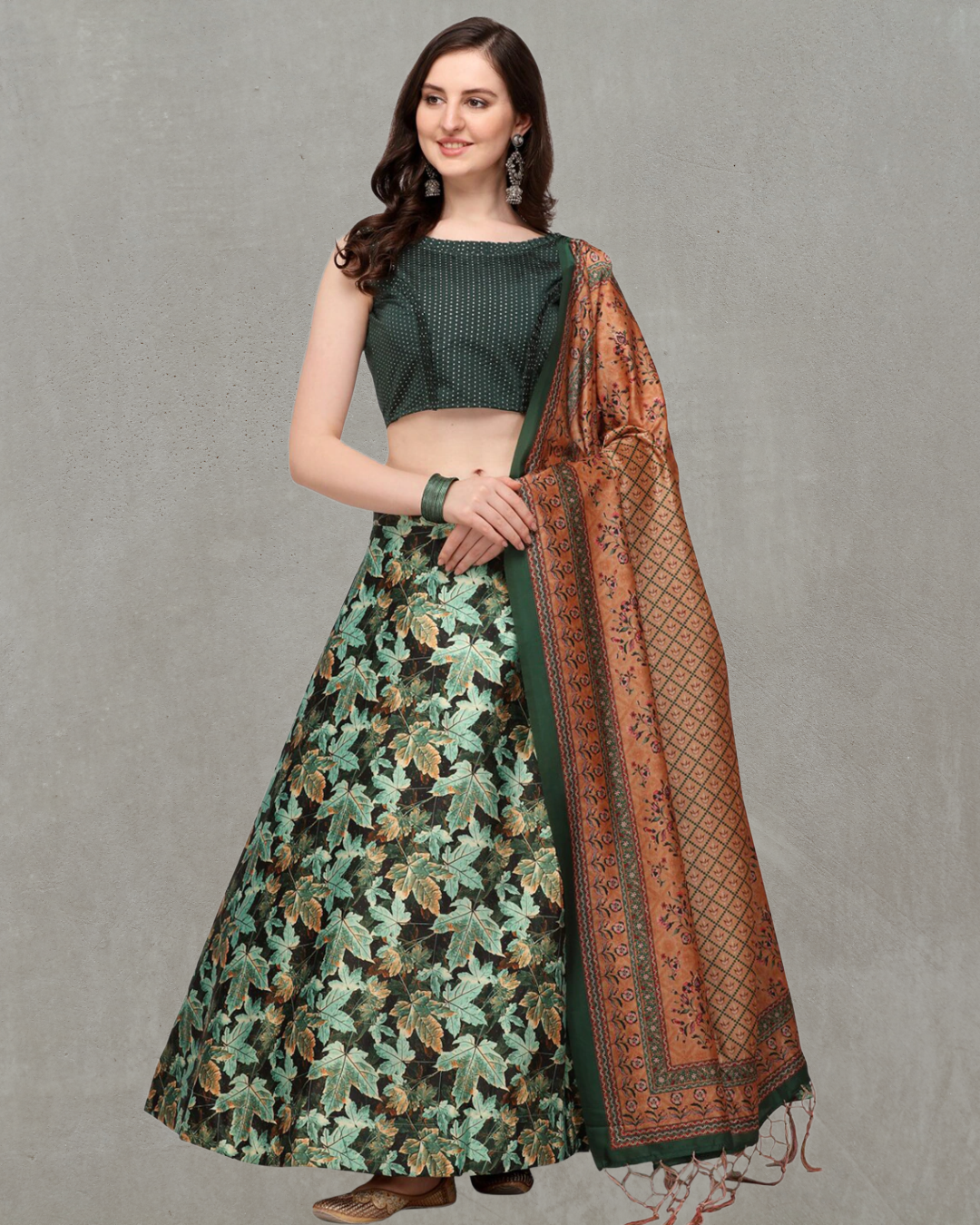 Emerald Green Satin Silk Anarkali Lehenga with Luxe Digital Design