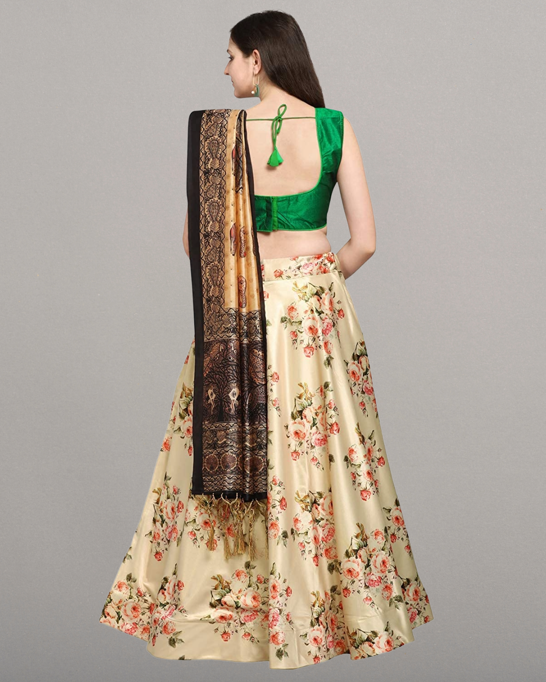Premium Cream Satin Silk Blend Anarkali Lehenga Choli with Digital Print & Shiny Silk Dupatta