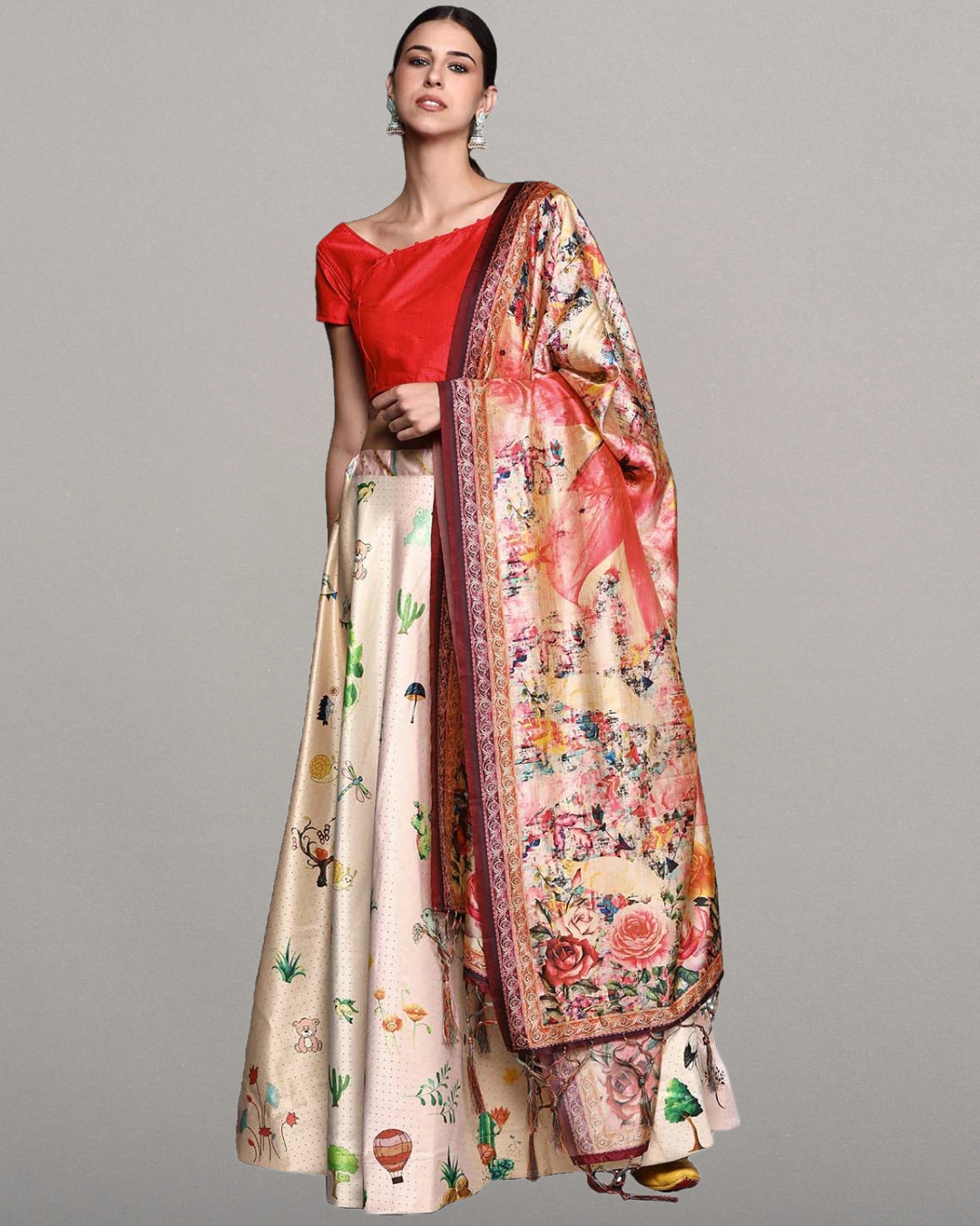 Designer White Satin Silk Anarkali Lehenga with Digital Print & Silk Dupatta