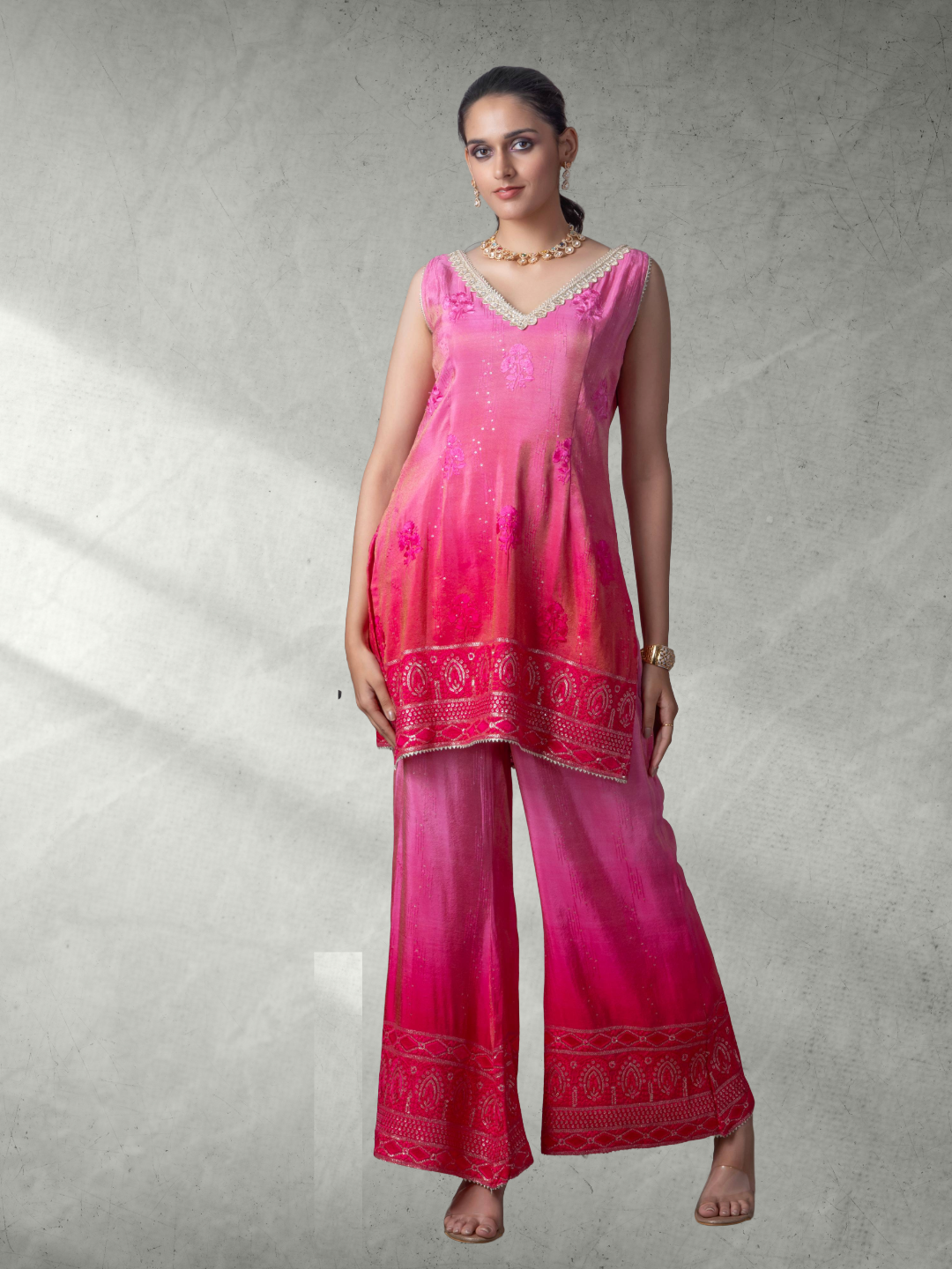 Shaded Pink Viscose Palazzo Top Set with Dupatta