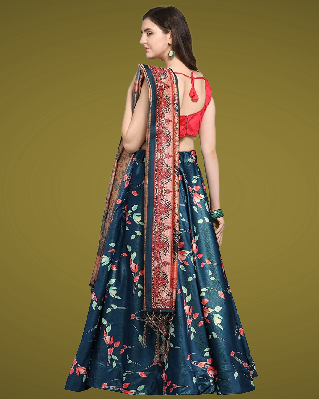 Blue Satin Silk Anarkali Lehenga Choli with Digital Print & Shiny Silk Dupatta