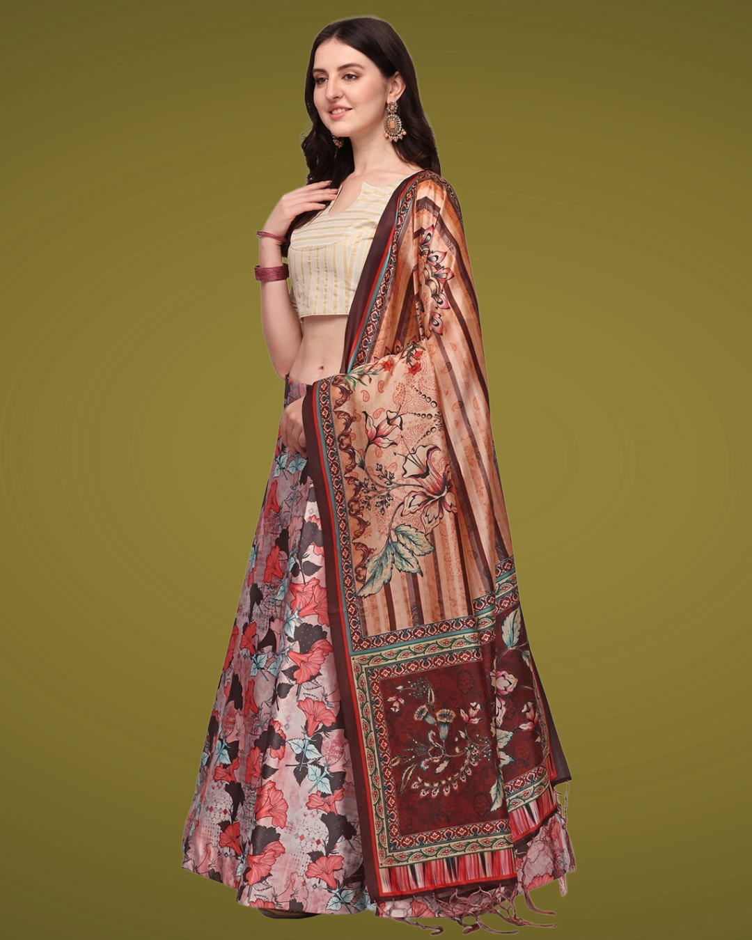 Pink Satin Silk Anarkali Lehenga with Digital Floral Print & Silk Dupatta