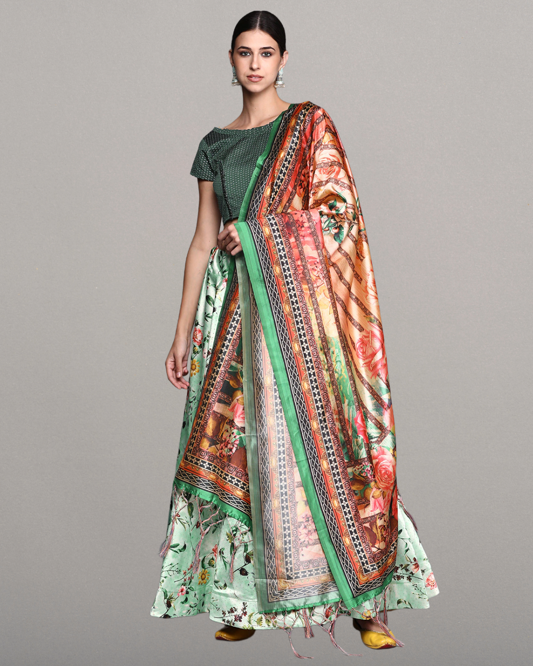 Light Green Satin Silk Anarkali Lehenga with Exquisite Digital Motifs