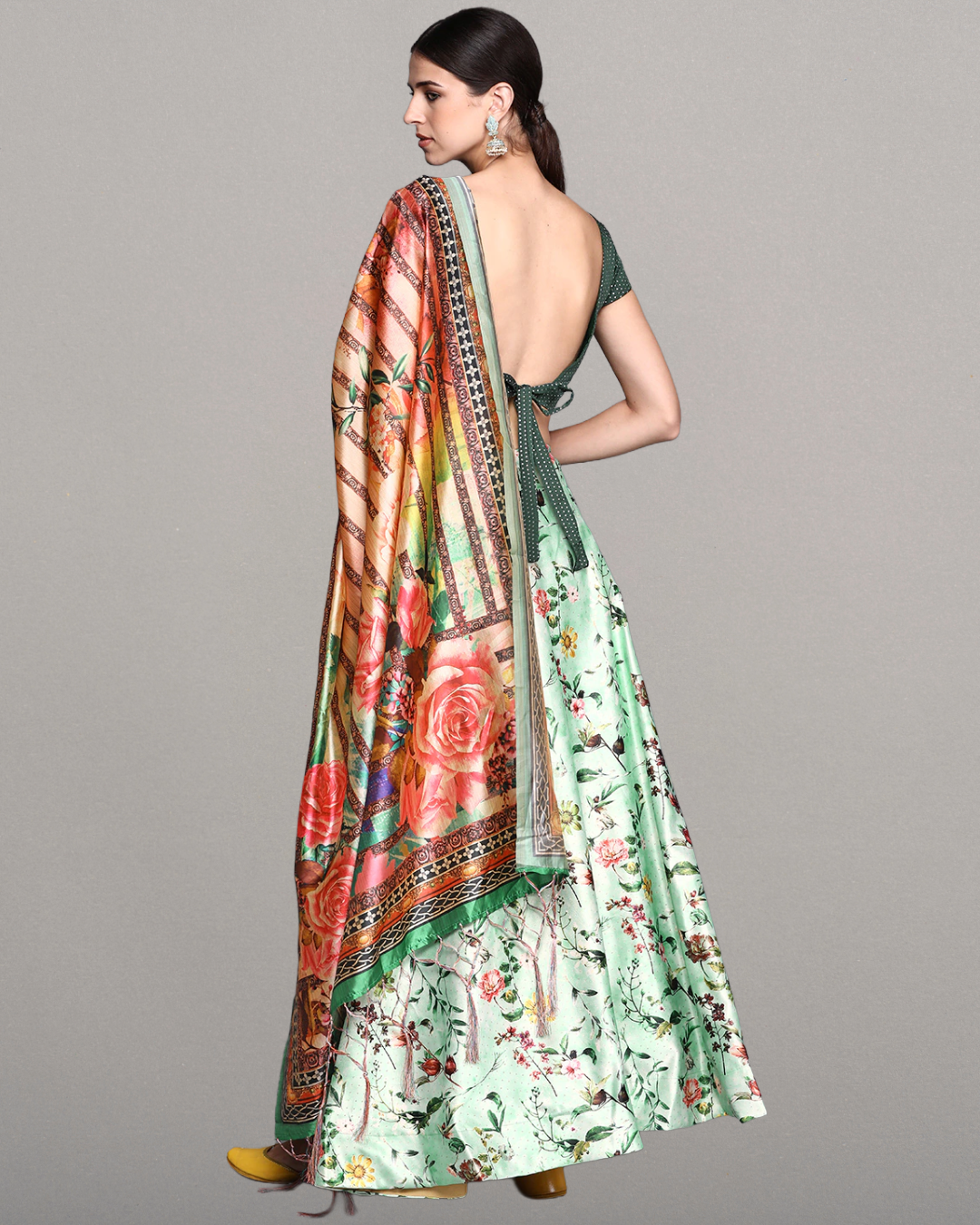 Light Green Satin Silk Anarkali Lehenga with Exquisite Digital Motifs