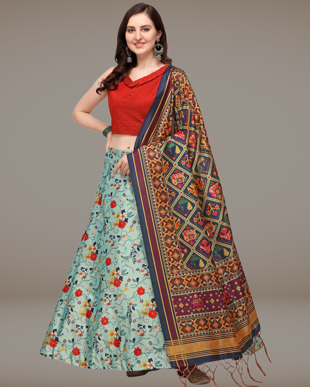Sky Blue Satin Silk Anarkali Lehenga with Digital Ethnic Design
