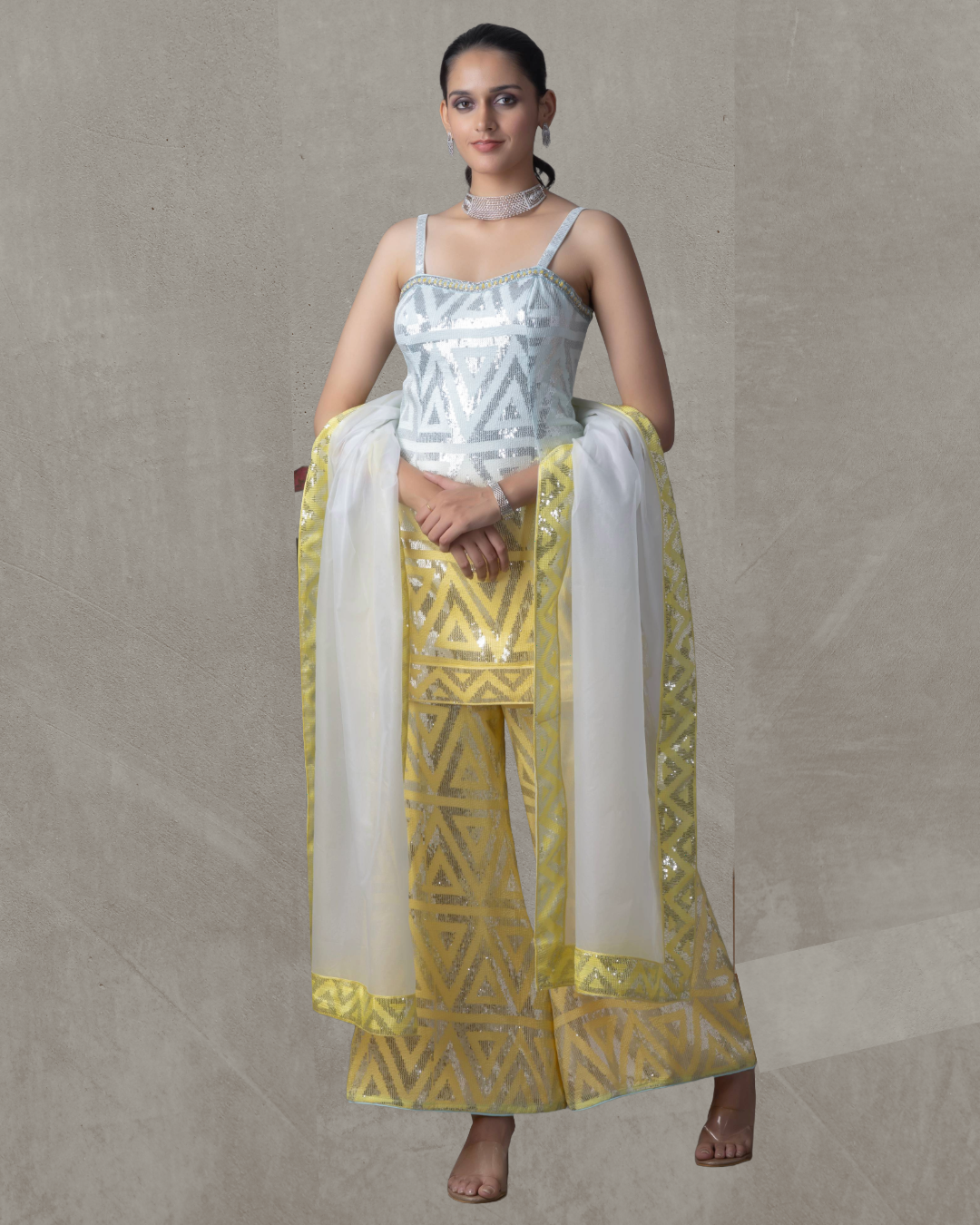 Lemon and Blue Silk Palazzo Top Set with Sequins Work