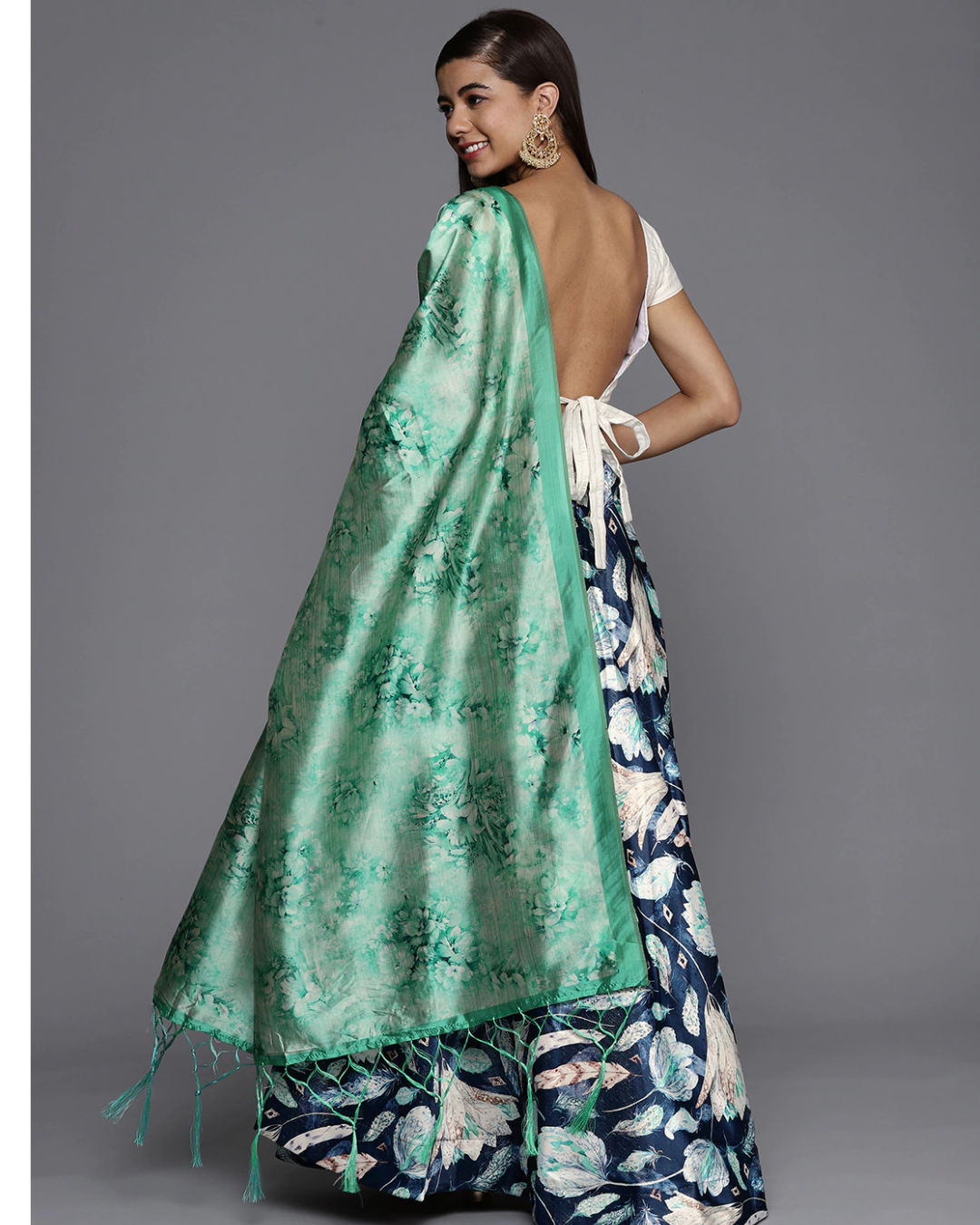 Navy Blue Satin Silk Anarkali Lehenga with Luxe Digital Print