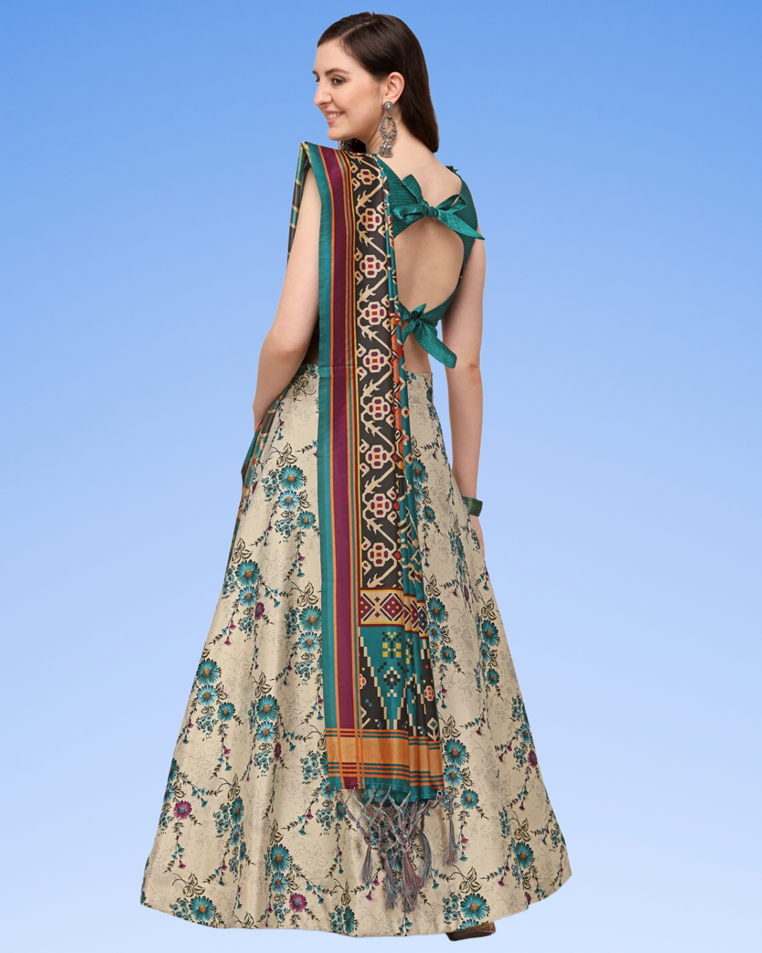 Off-White Satin Silk Anarkali Lehenga with Ethnic Digital Print & Silk Dupatta