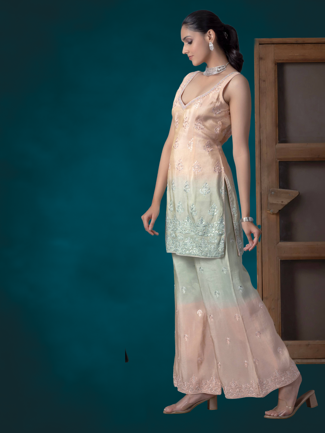 Dual-Tone Pink & Light Green Viscose Palazzo Top Set