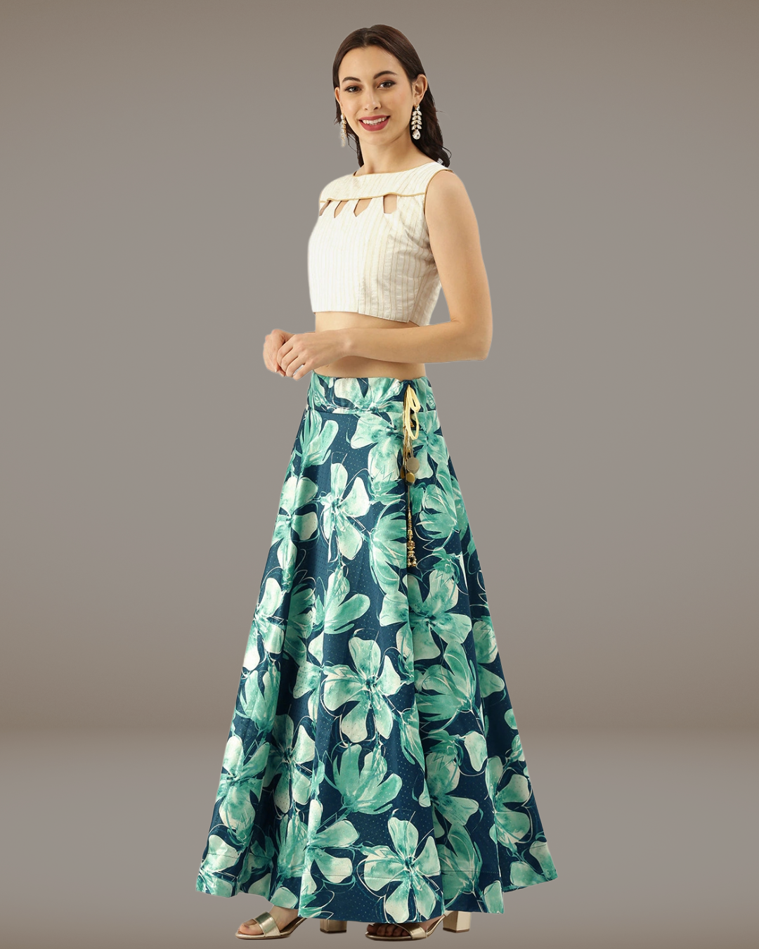 Royal Blue Satin Silk Anarkali Lehenga with Elegant Digital Floral Prints