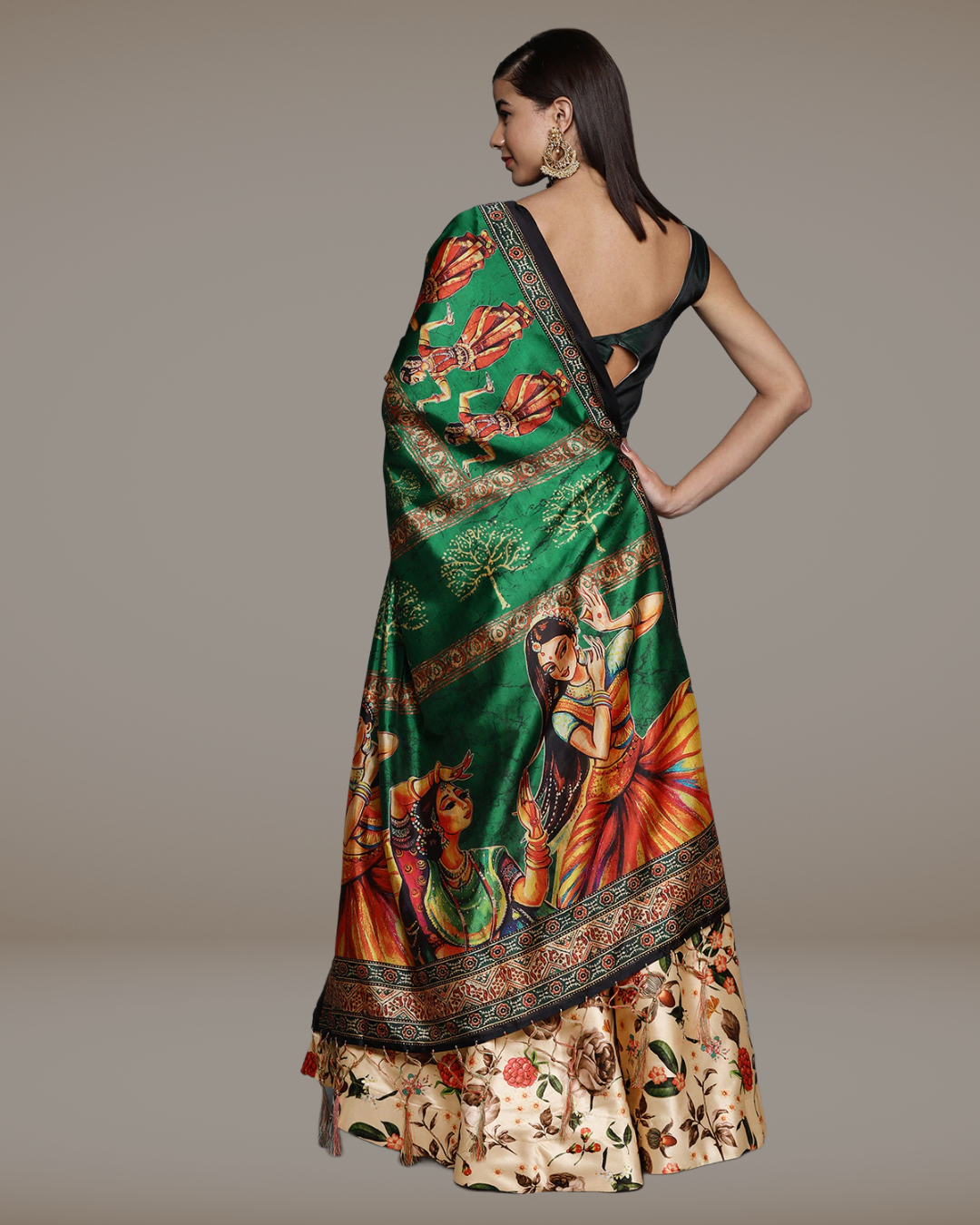 Designer Cream Satin Silk Blend Lehenga Choli with Digital Print & Glossy Dupatta