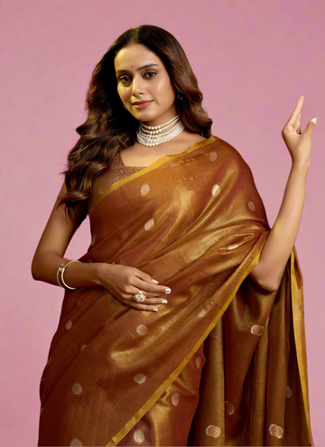 Elegant Rust Orange Tissue Silk Polka Weave Pure Saree with All-Over Weave & Matching Blouse