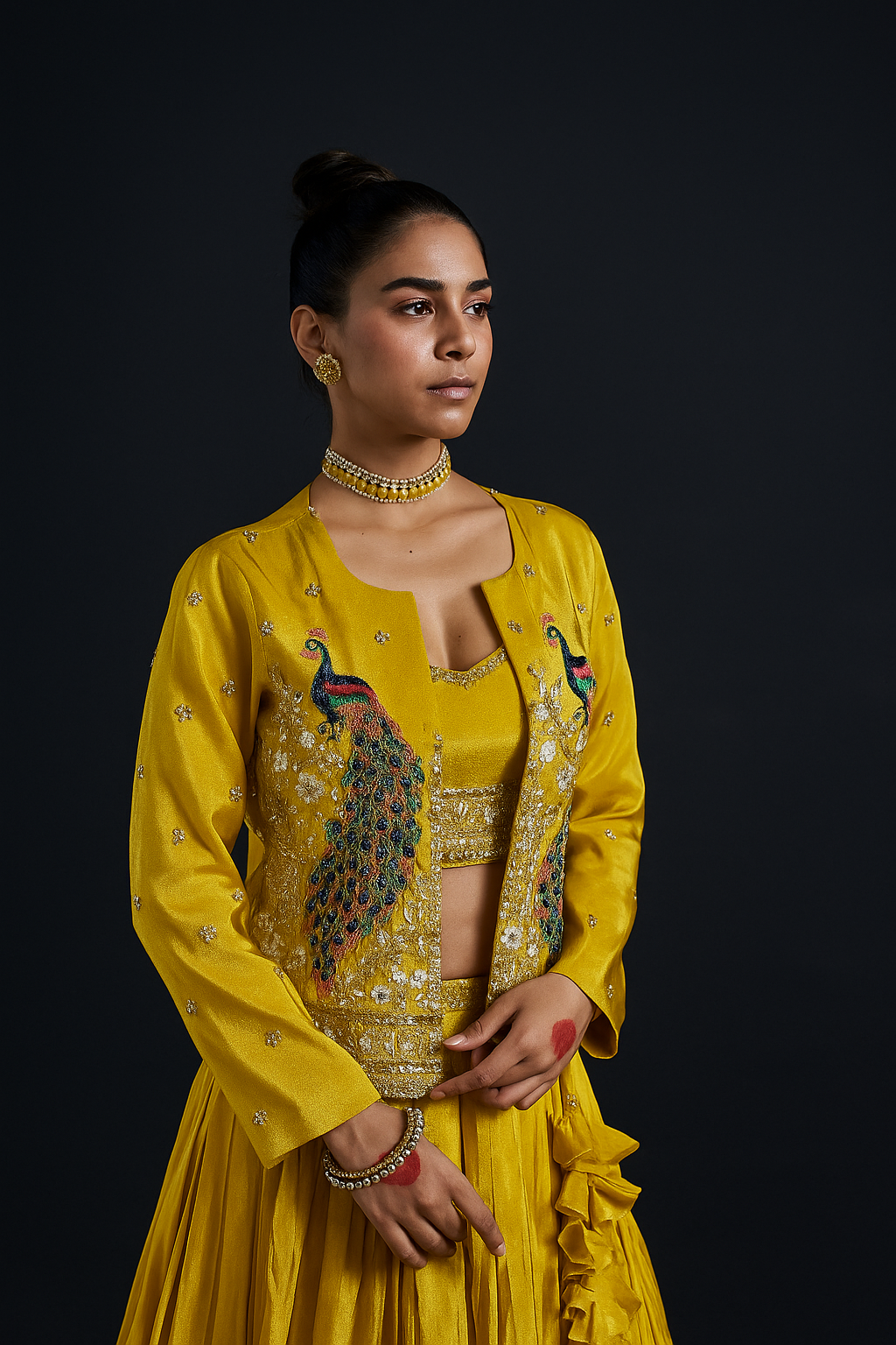 Yellow Viscose Banarasi Tissue Lehenga Choli with Four-Side Embroidered Dupatta