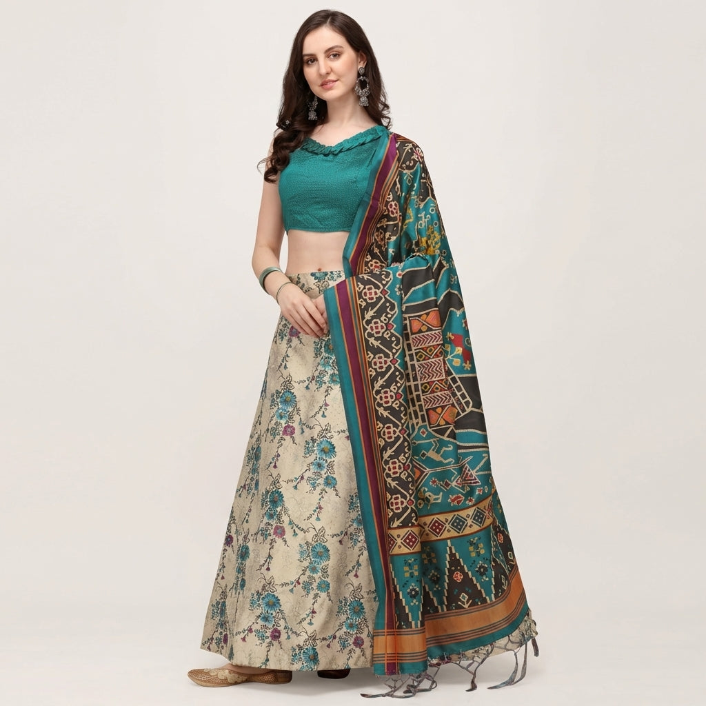 Off-White Satin Silk Anarkali Lehenga with Ethnic Digital Print & Silk Dupatta