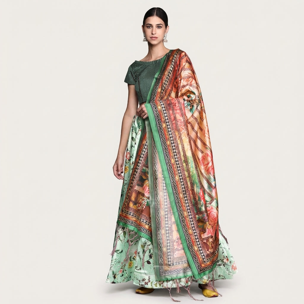 Light Green Satin Silk Anarkali Lehenga with Exquisite Digital Motifs