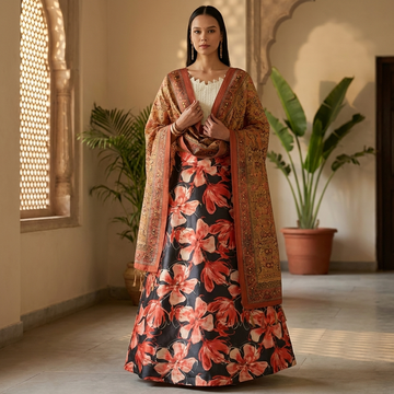 Black Satin Silk Designer Anarkali Lehenga with Vibrant Digital Prints