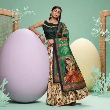 Designer Cream Satin Silk Blend Lehenga Choli with Digital Print & Glossy Dupatta