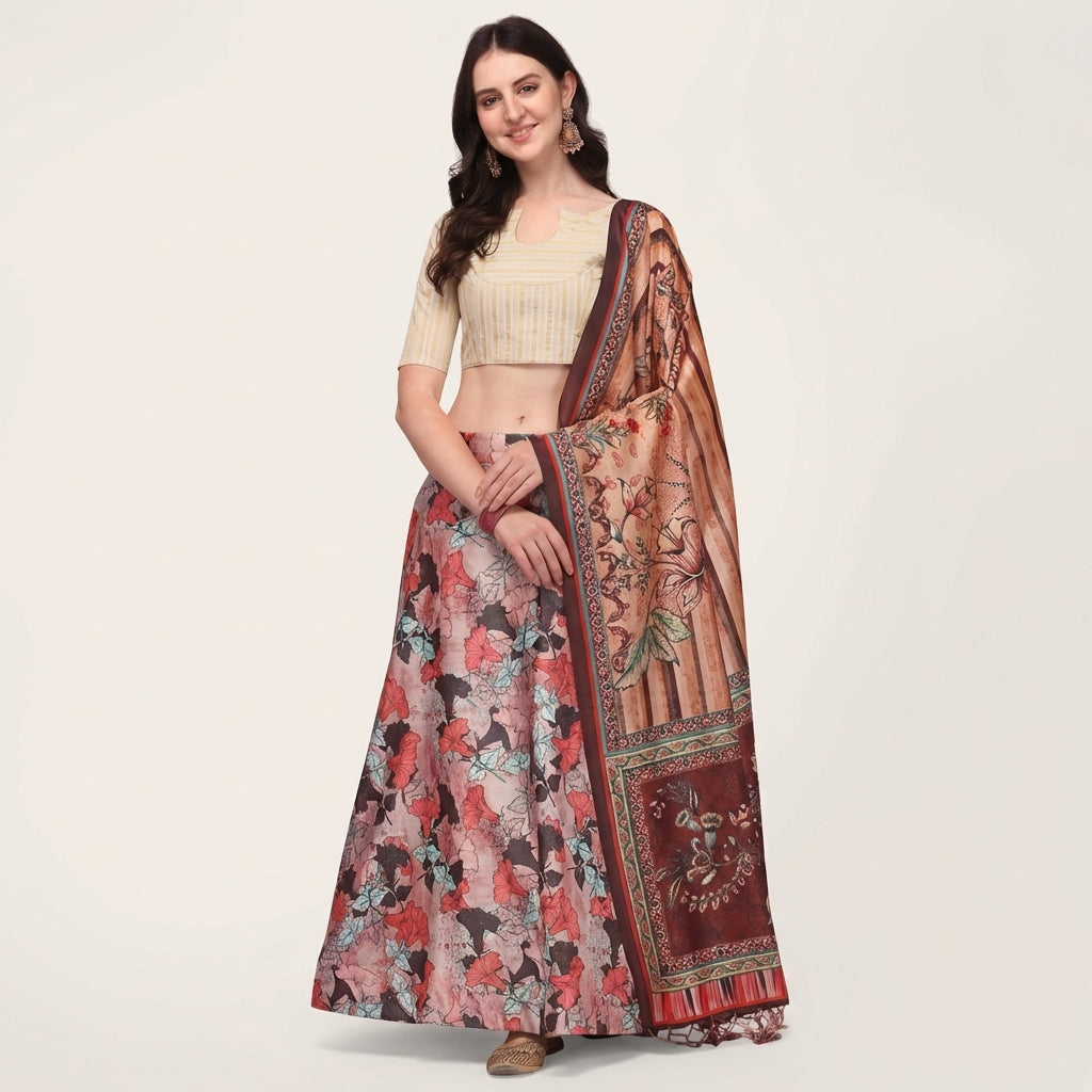 Pink Satin Silk Anarkali Lehenga with Digital Floral Print & Silk Dupatta