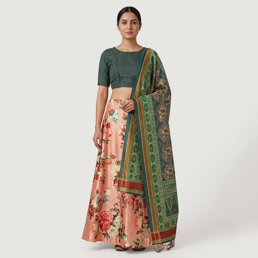 Peach Satin Silk Anarkali Lehenga with Traditional Digital Motifs