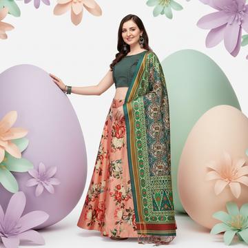 Peach Satin Silk Anarkali Lehenga with Traditional Digital Motifs