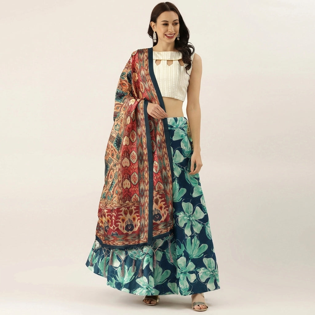 Royal Blue Satin Silk Anarkali Lehenga with Elegant Digital Floral Prints