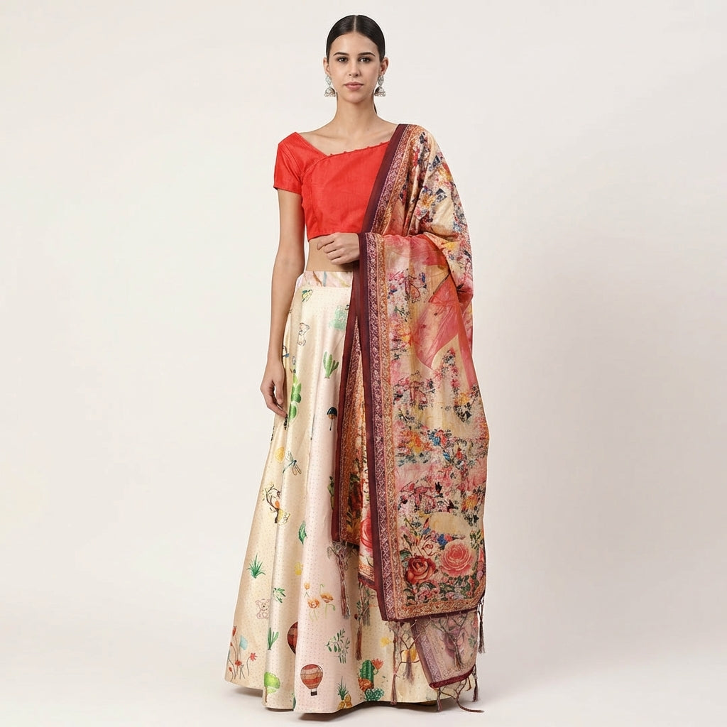 Designer White Satin Silk Anarkali Lehenga with Digital Print & Silk Dupatta