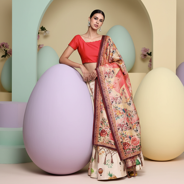 Designer White Satin Silk Anarkali Lehenga with Digital Print & Silk Dupatta