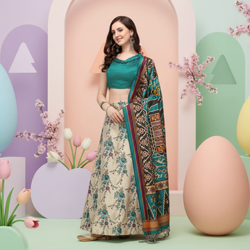 Off-White Satin Silk Anarkali Lehenga with Ethnic Digital Print & Silk Dupatta