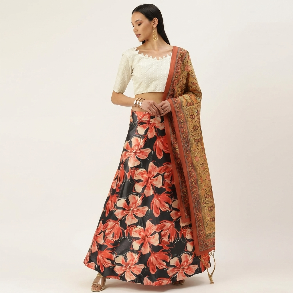 Black Satin Silk Designer Anarkali Lehenga with Vibrant Digital Prints