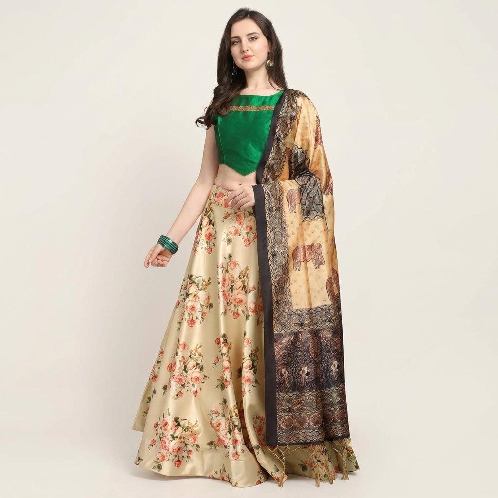 Premium Cream Satin Silk Blend Anarkali Lehenga Choli with Digital Print & Shiny Silk Dupatta