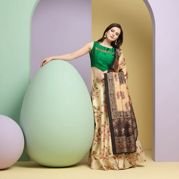 Premium Cream Satin Silk Blend Anarkali Lehenga Choli with Digital Print & Shiny Silk Dupatta