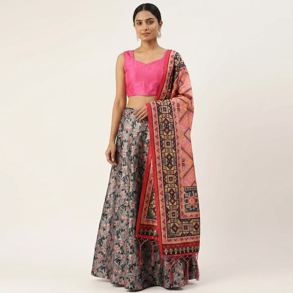 Grey Satin Silk Anarkali Lehenga Choli with Digital Print & Shiny Silk Dupatta
